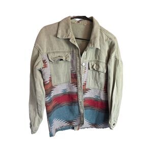 Boutique Southwestern Aztec Woven Panel Denim Jacket Shacket Frayed Hem S